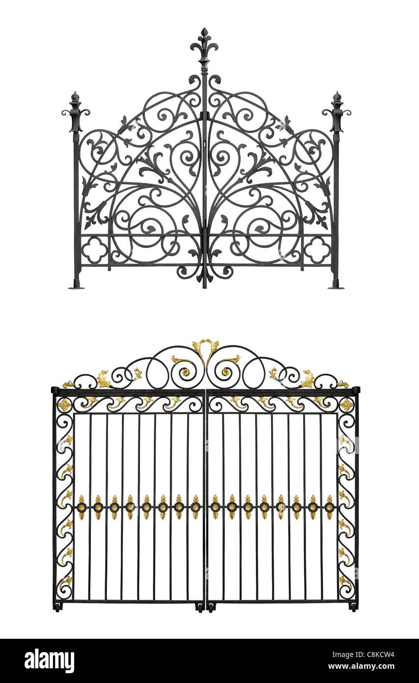 Collection de portes forgées noir avec fleurs décoratives isolé sur fond blanc Banque D'Images