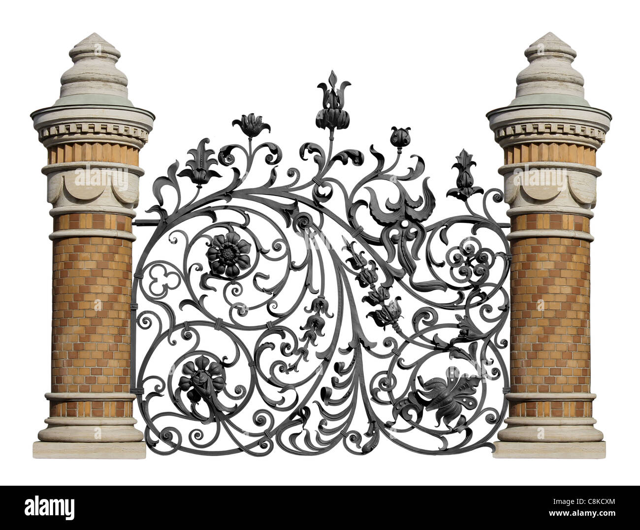 Treillis décoratifs forgés avec des fleurs et des colonnes en brique. Plus isolé sur fond blanc Banque D'Images