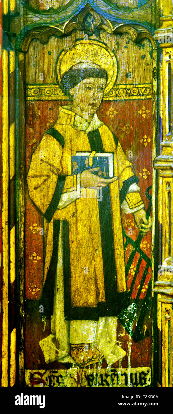 Ludham, Norfolk, jubé, Saint-Laurent, Saint-Laurent, tenant un gril, saint patron des chefs et cuisiniers homme saint saints Banque D'Images