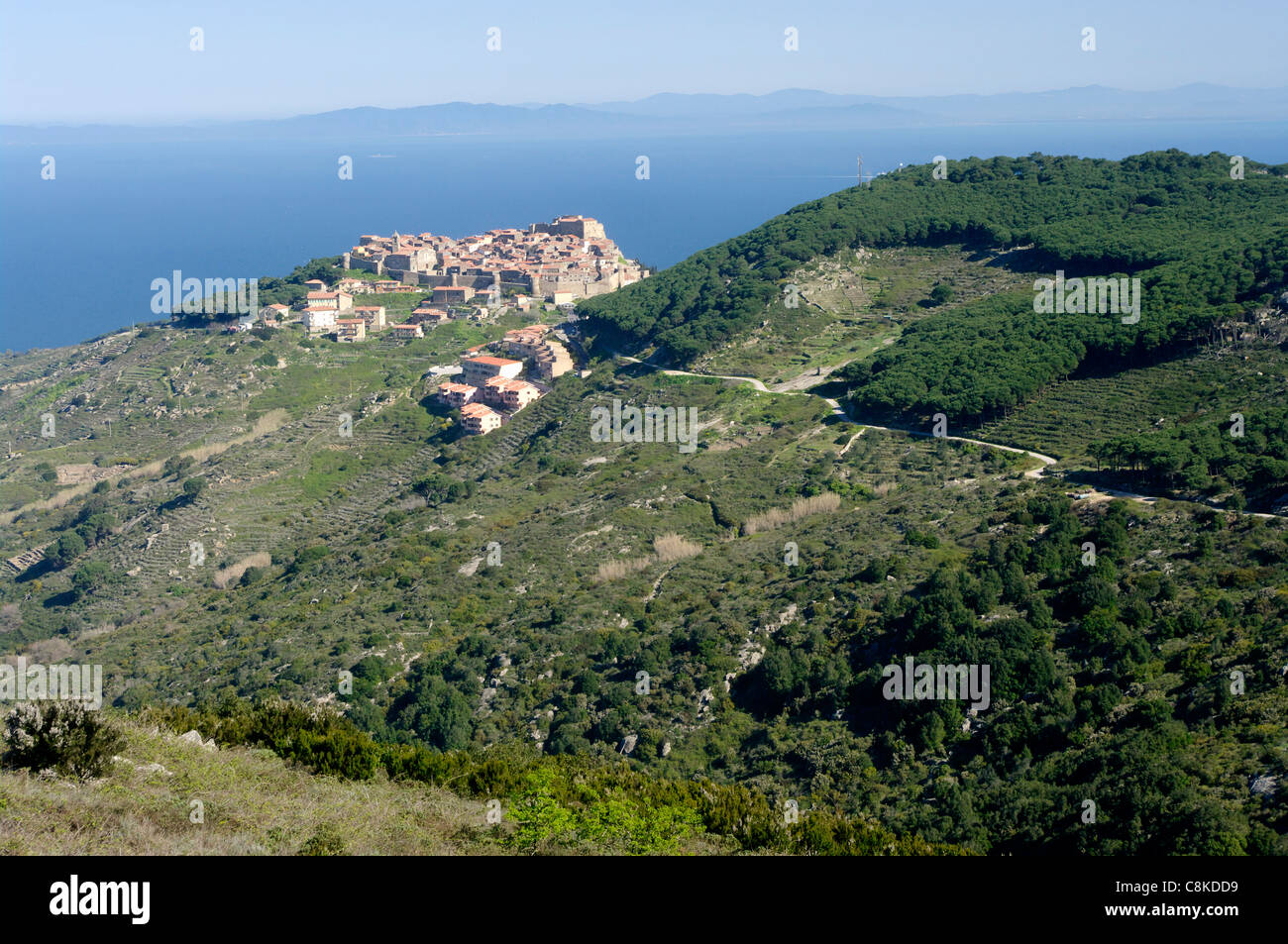 Vue sur le château d'Isola del Giglio, Toscane, Italie Banque D'Images