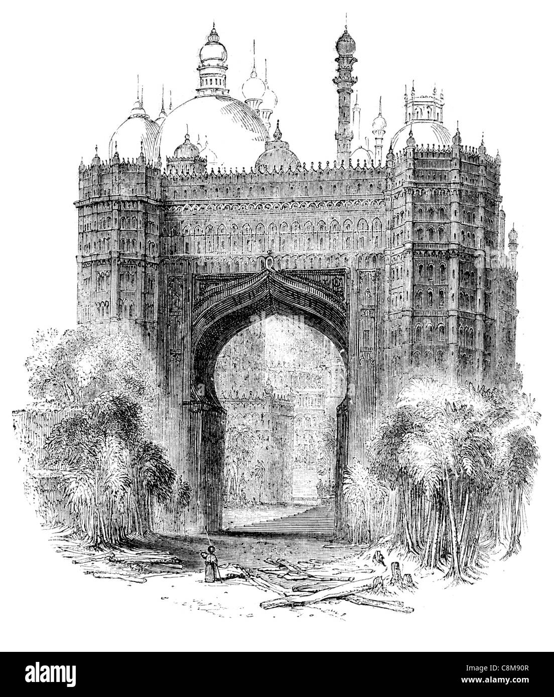 Porte mauresque arc en fer à cheval des voussoirs arches dome dômes lancet crénelée cour doucine carreaux carreau décoratif Banque D'Images