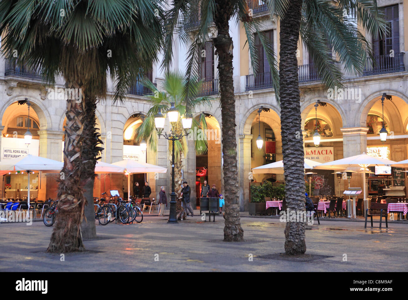 Crépuscule dans la Plaça Reial, dans le quartier gothique, à Barcelone, Catalogne, Espagne Banque D'Images