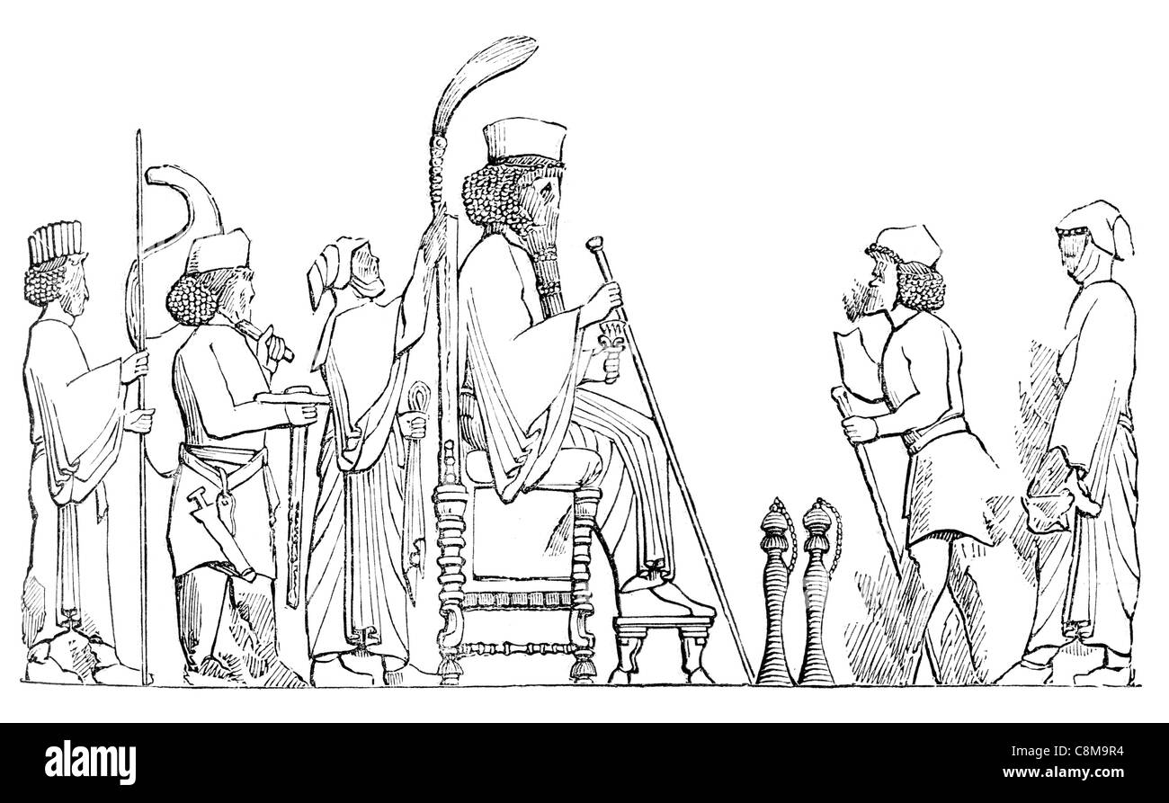 Bas-relief persan à Perspolis roi trône royal regal règle impériale empereur tête couronnée monarque prince de fumer la pipe d'opium Banque D'Images