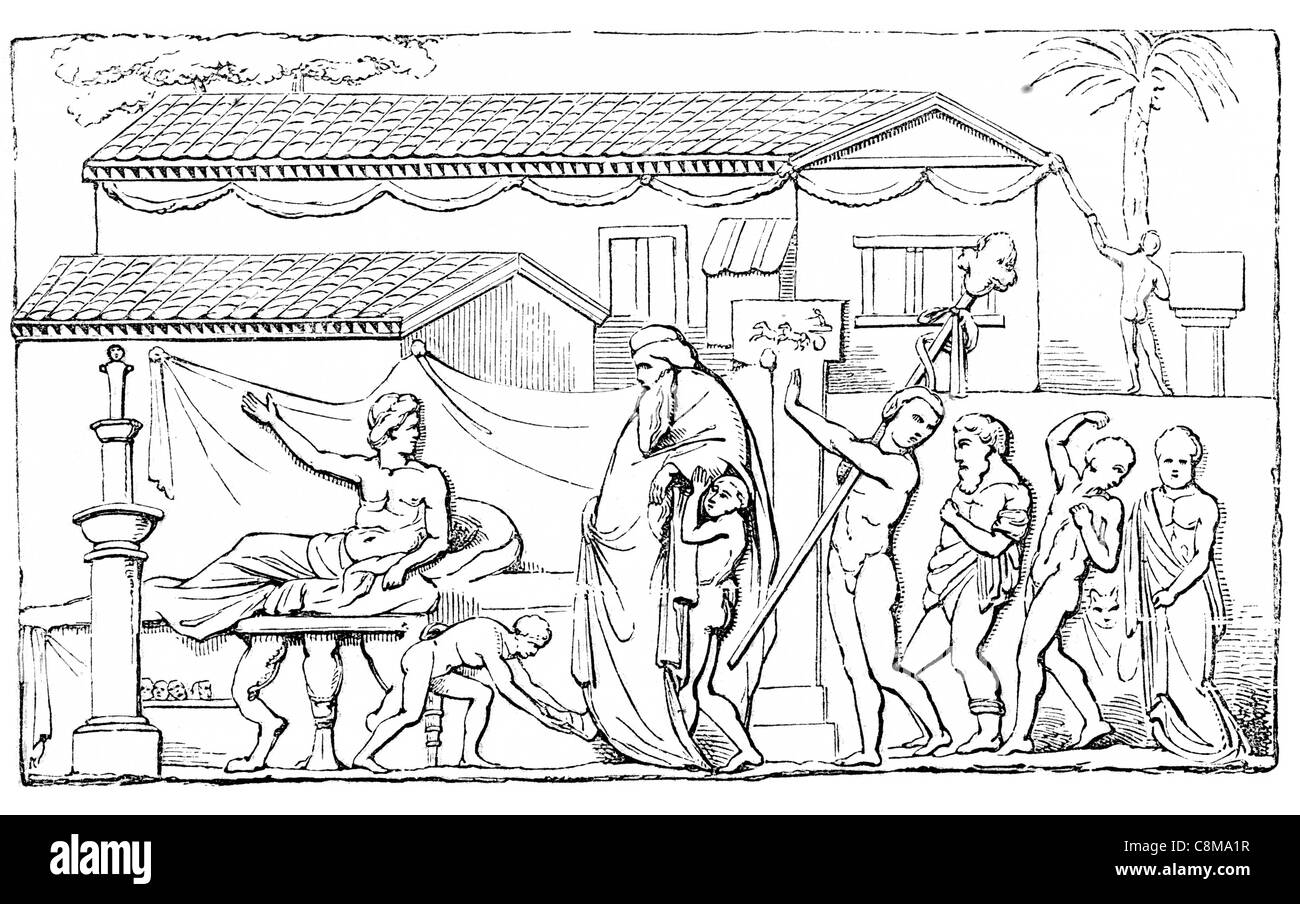 Bacchus reçu par Icarius Bas coulé bas relief statue décorative de l'art modélisation classique en plâtre ancien Banque D'Images