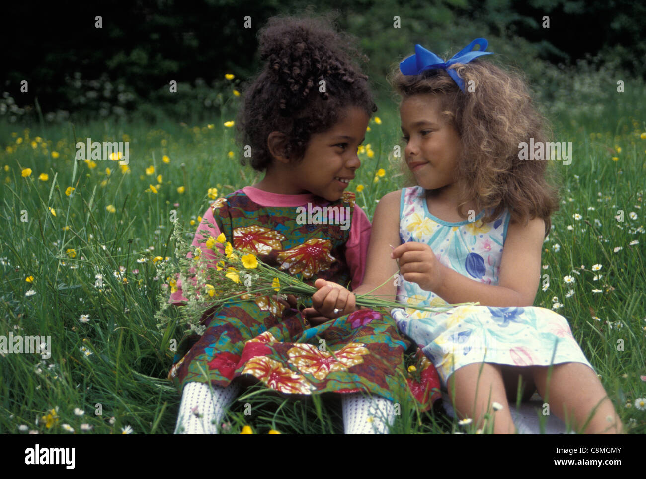 Deux petites filles jouant dans le pré Banque D'Images