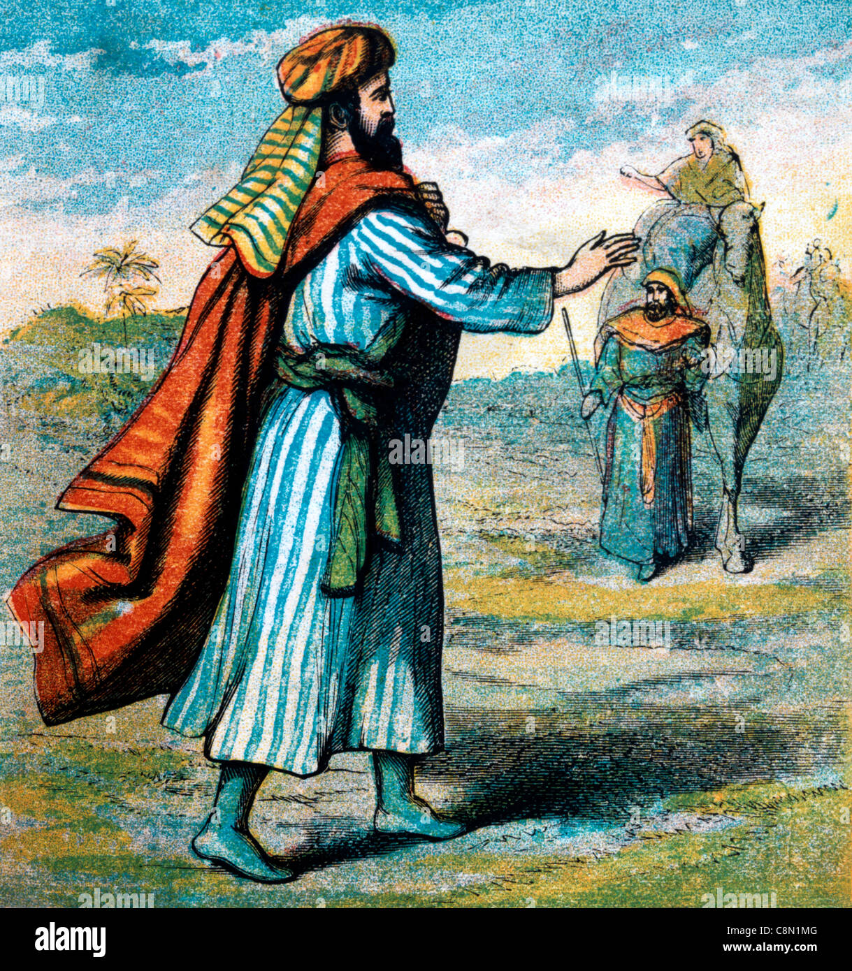 Histoires bibliques- Illustration d'Isaac allant dans le champ pour prier quand Rebecca est arrivé sur Un chameau Genèse xxiv 32-67 Banque D'Images