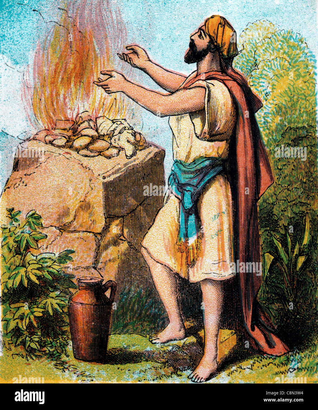 Histoires de la Bible- Illustration de Gédéon avec la chair et les Pains sans Levain sur un rocher Banque D'Images