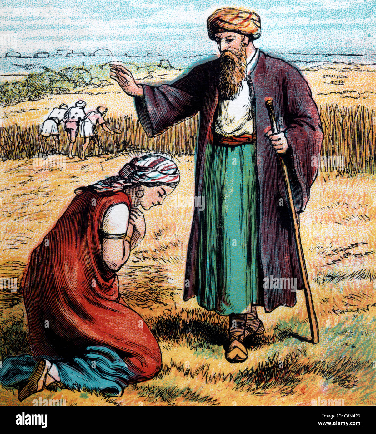 Histoires de la Bible- Illustration de Ruth travaillant dans les champs d'orge Boaz Banque D'Images