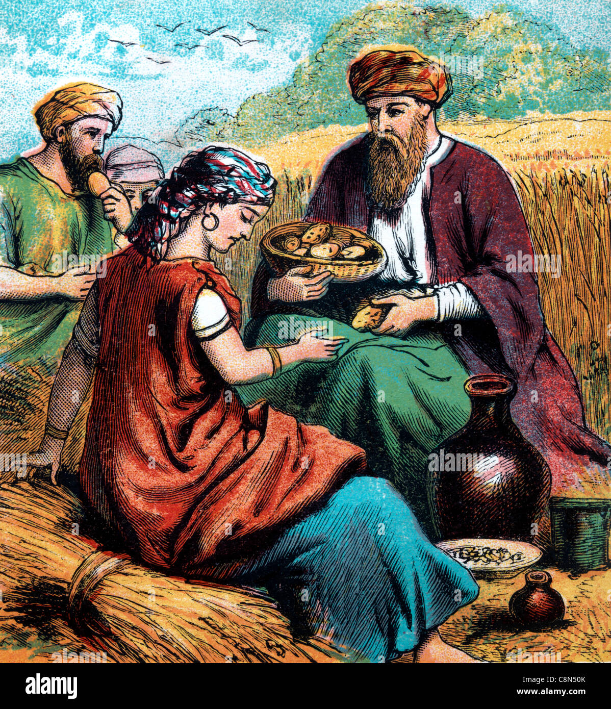 Histoires bibliques- Illustration de Ruth après avoir travaillé dur dans le champ d'orge Boaz a invité Ruth à manger du pain et à le tremper dans de l'huile et du vinaigre Banque D'Images