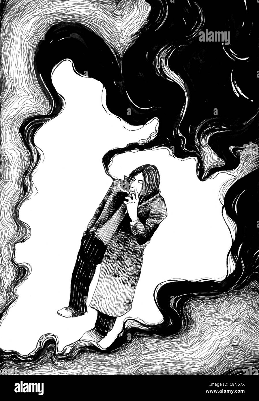 Illustration dessin de man smoking a cigarette dans les nuages de fumée Banque D'Images