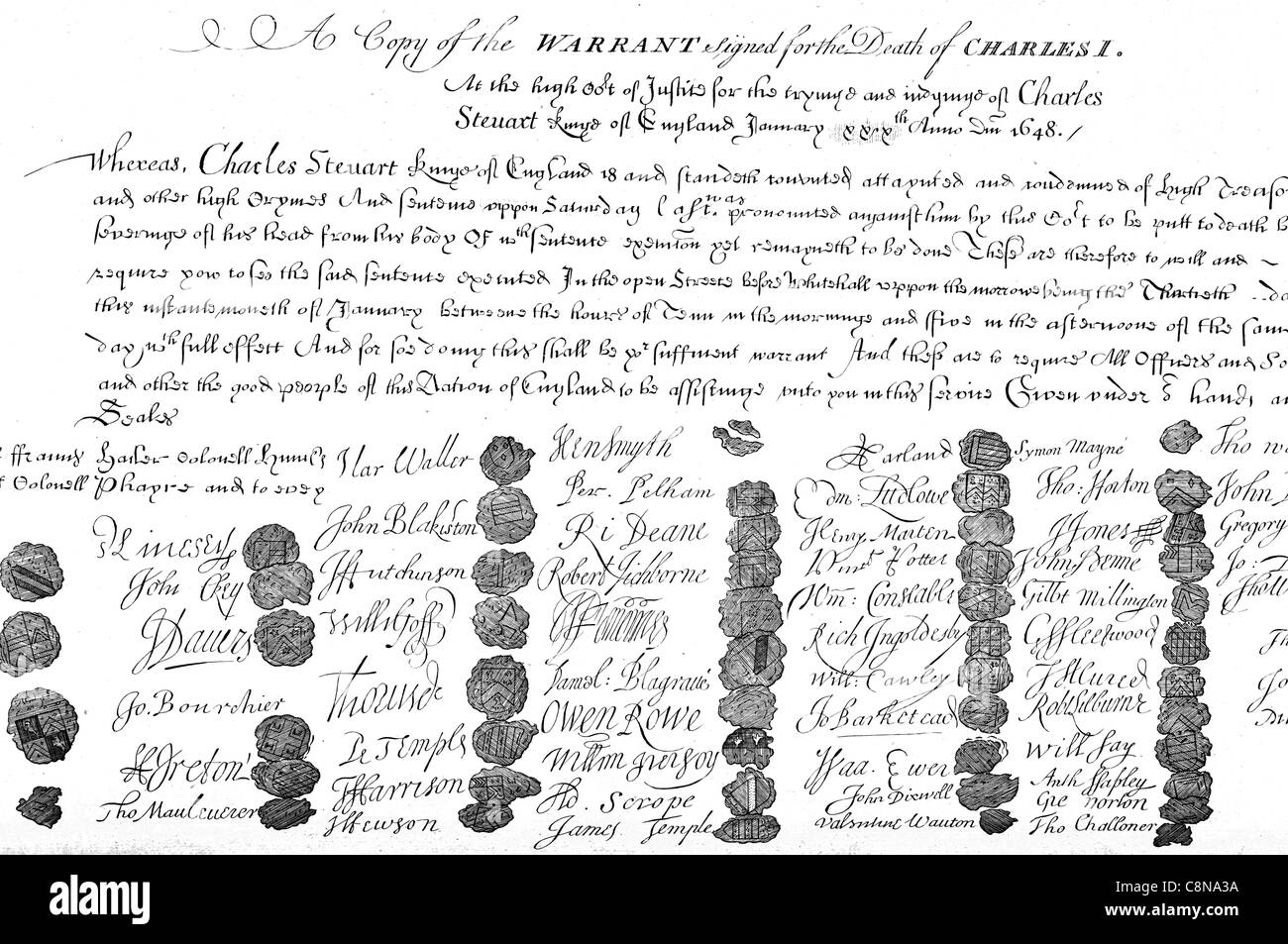 Regicides liste le Roi Charles I de la Loi sur l'oubli d'indemnisation 1660 jugés 59 juges commissaires procès jugement signé arrêt de mort Banque D'Images