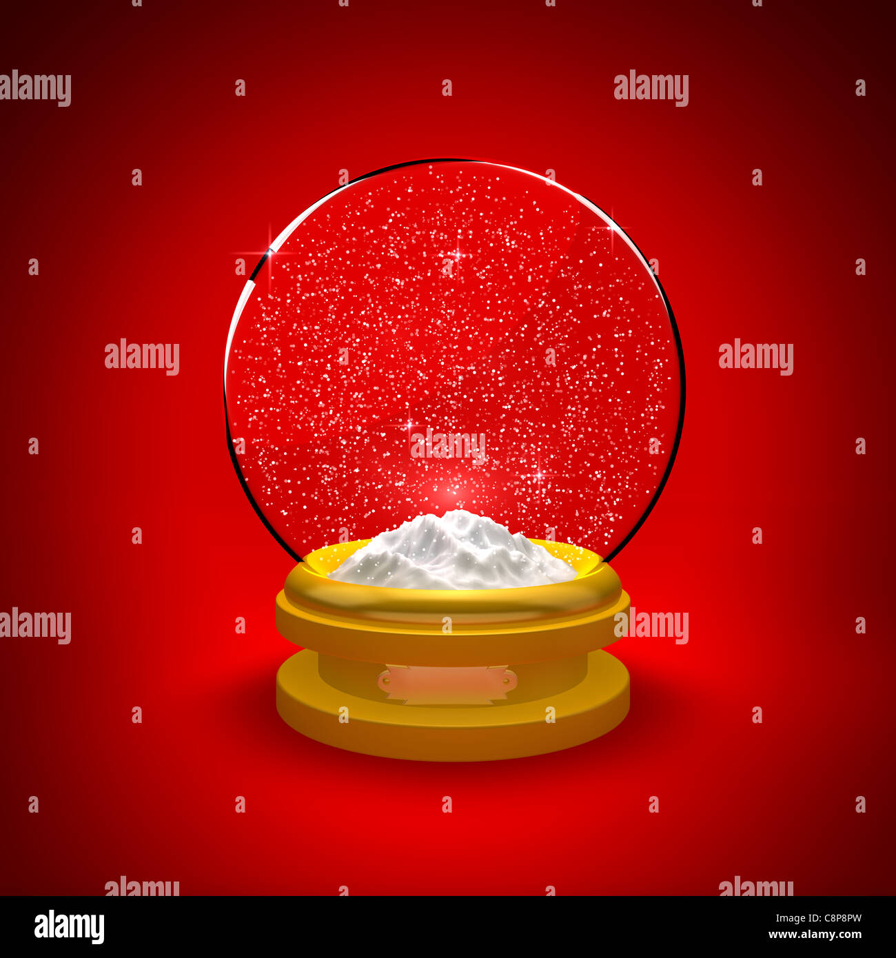 Snow globe avec la neige seulement sur un fond rouge Banque D'Images