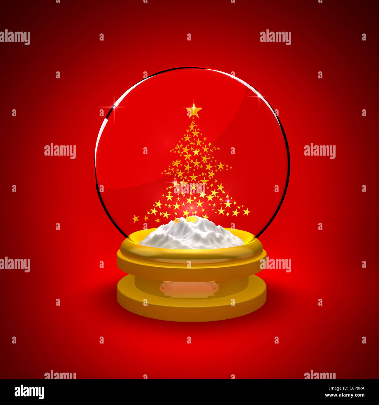 Snow Globe avec arbre de Noël sur fond rouge Banque D'Images