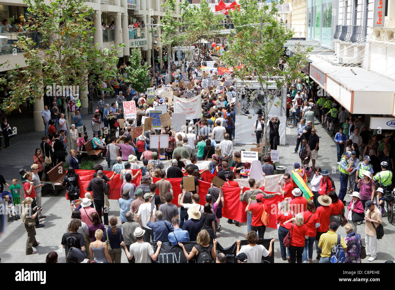 En mars manifestants Murray Street Mall. La protestation a été organisée pour coïncider avec le début de CHOGM 2011 Banque D'Images