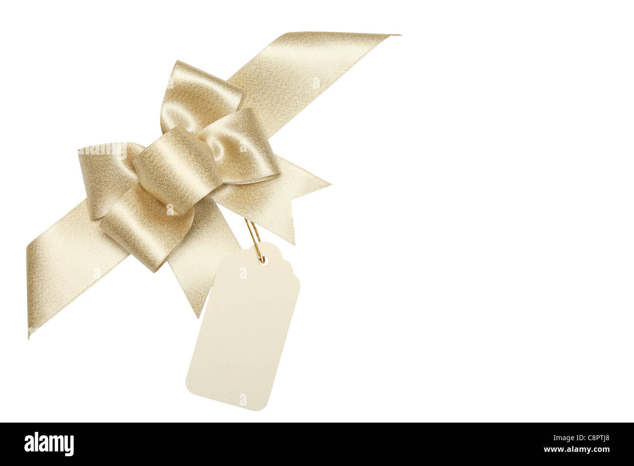Golden ribbon bow avec blank gift tag.isolé sur blanc. Banque D'Images