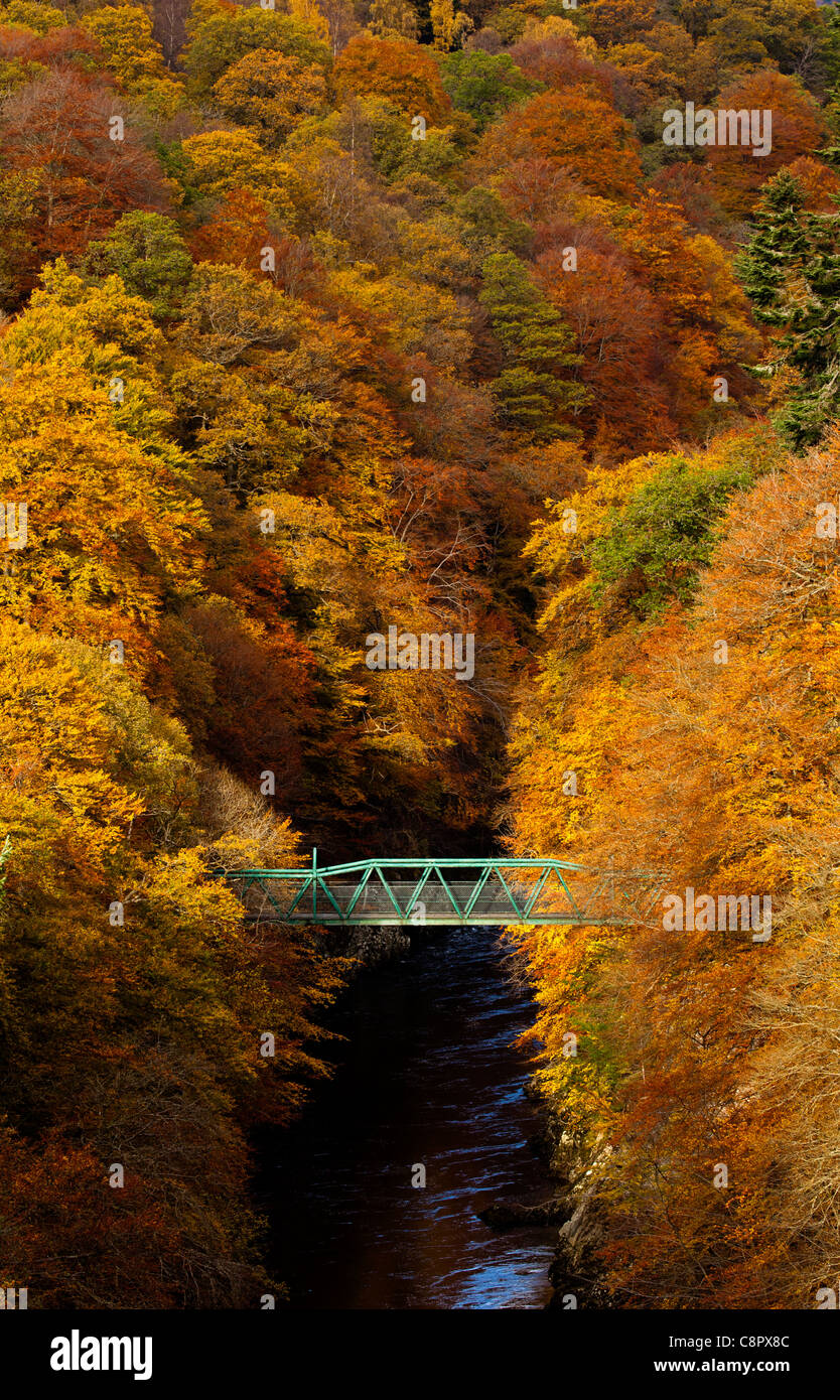 Rivière Garry et pont vert entouré d'automne couleur de buisson pouvant atteindre 12-15 pieds et de pins, col de Killiecrankie, Perthshire en Écosse Banque D'Images