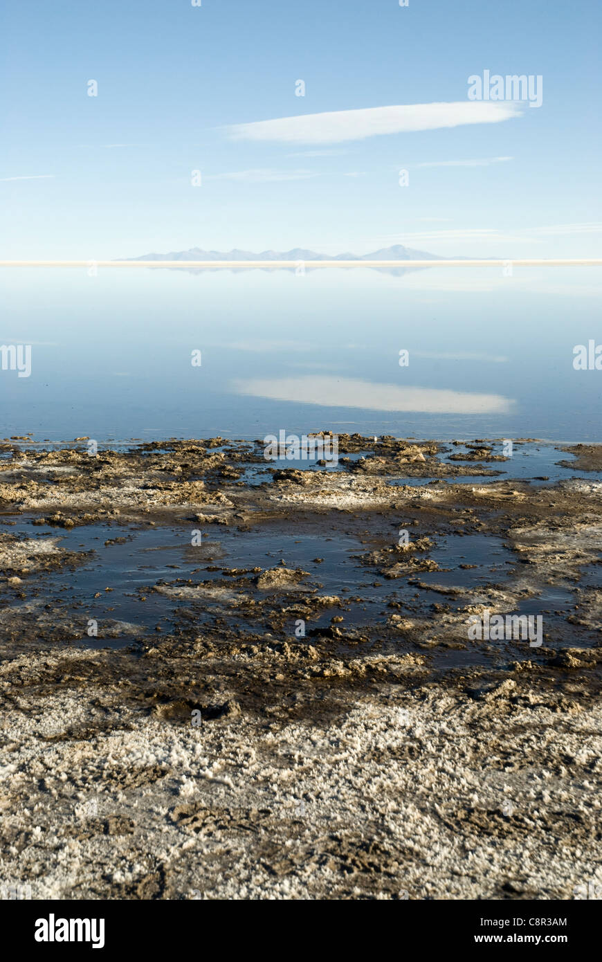 Reflet d'un nuage dans le désert de sel bolivien humide : Salar de Uyuni. Banque D'Images
