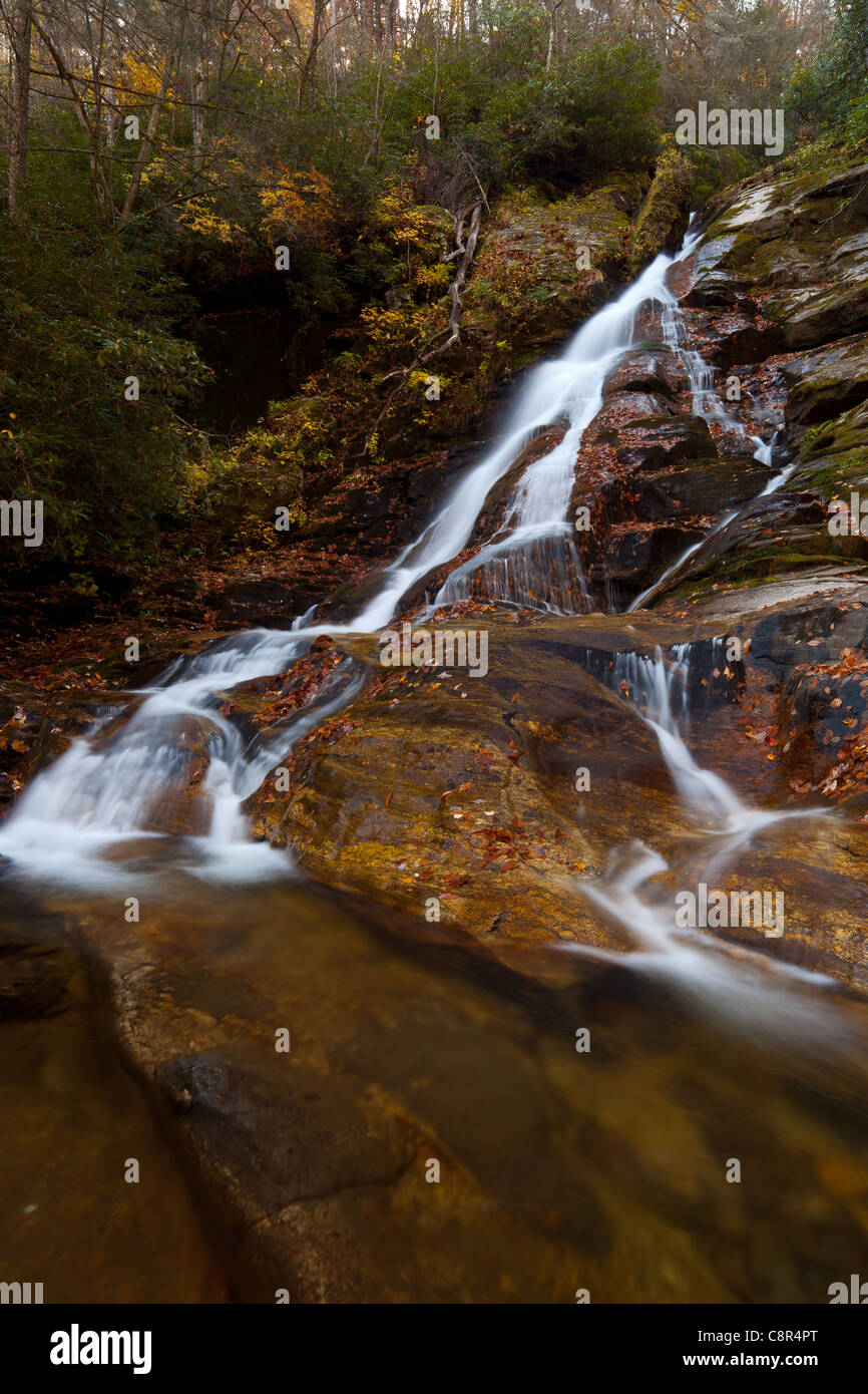 Les chutes High Shoals sont situées dans la zone de gestion de la faune de Swallow Creek, au nord de Helen, en Géorgie. Ils sont à environ 1.2 milles le long du sentier High Shoals Falls et à environ 0,20 milles en aval du ruisseau Blue Hole Falls. Banque D'Images