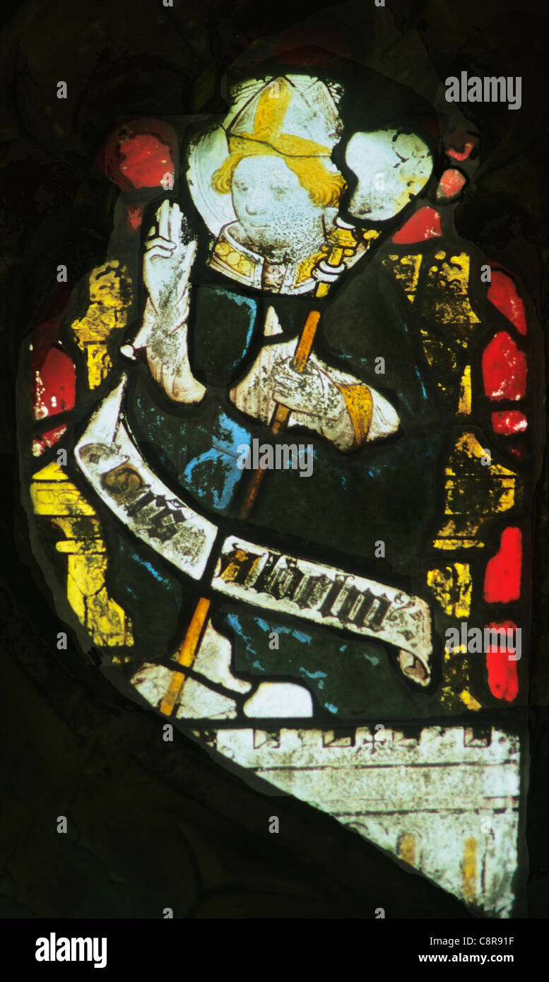 Wiggenhall Sainte Marie Madeleine, Saint Aldhelm, Norfolk, évêque d'Shernbourne, d. AD 709 vitrail médiéval Anglais Banque D'Images