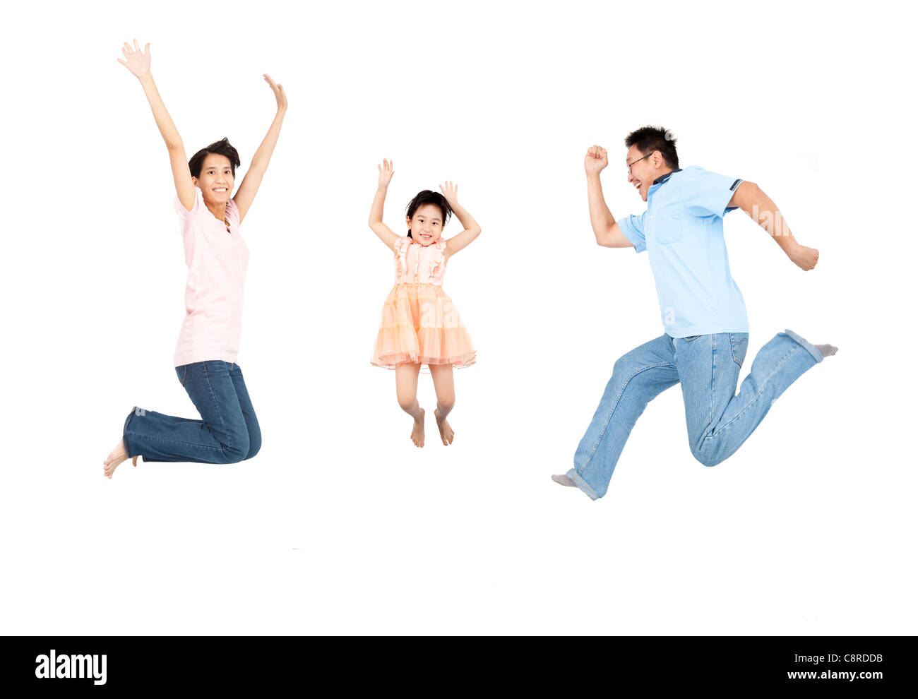 Happy Family jumping et isolé sur fond blanc Banque D'Images