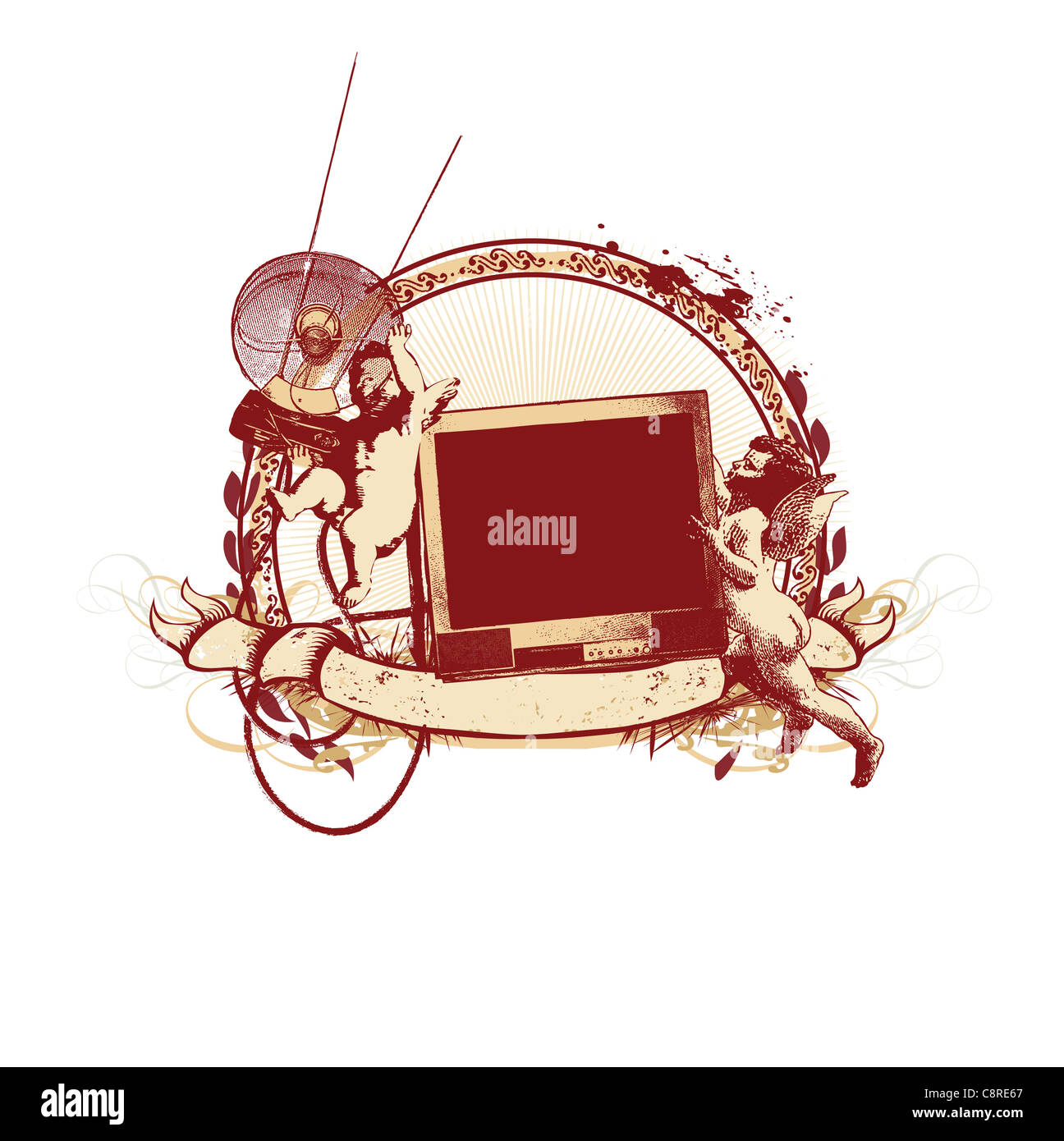 Insignes et bannières. Deux jolies cupids essayant de trouver une chaîne de télévision. Banque D'Images