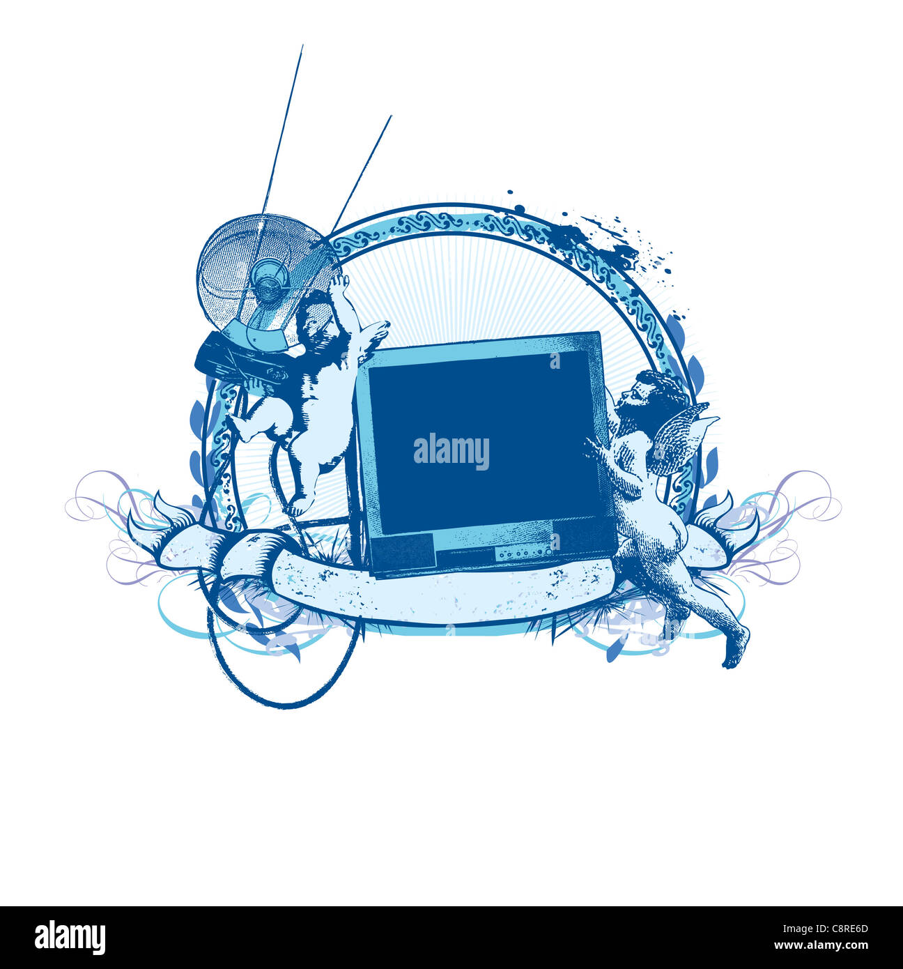 Insignes et bannières. Deux jolies cupids essayant de trouver une chaîne de télévision. Banque D'Images