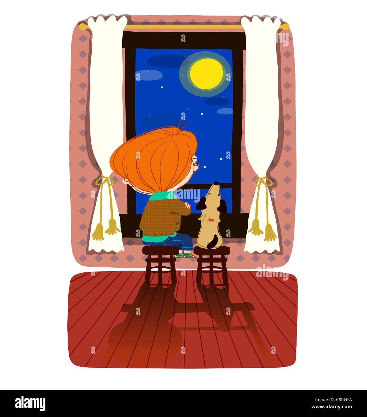 Illustration d'un garçon avec son animal en regardant par la fenêtre la nuit Banque D'Images Illustration d'un garçon avec son animal en regardant par la fenêtre la nuit Banque D'Images