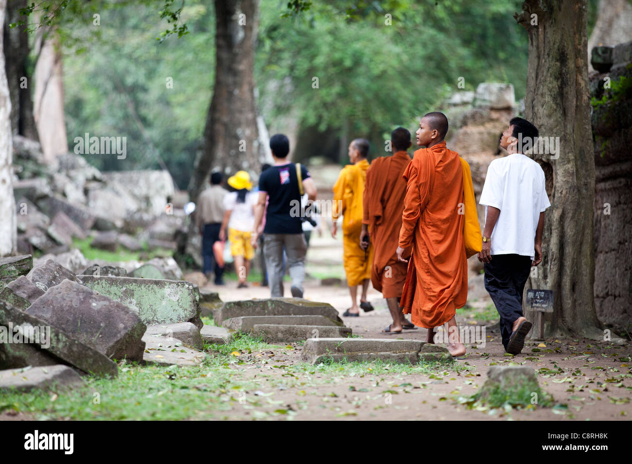 Cambodge, Siem Reap. Site d'Angkor classé Patrimoine Mondial de l'UNESCO. Moine bouddhiste au Ta Prohm Temple. Banque D'Images