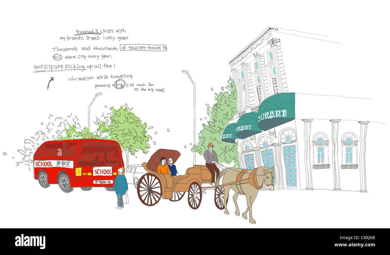 Illustration de l'immeuble, véhicule terrestre et panier cheval Banque D'Images