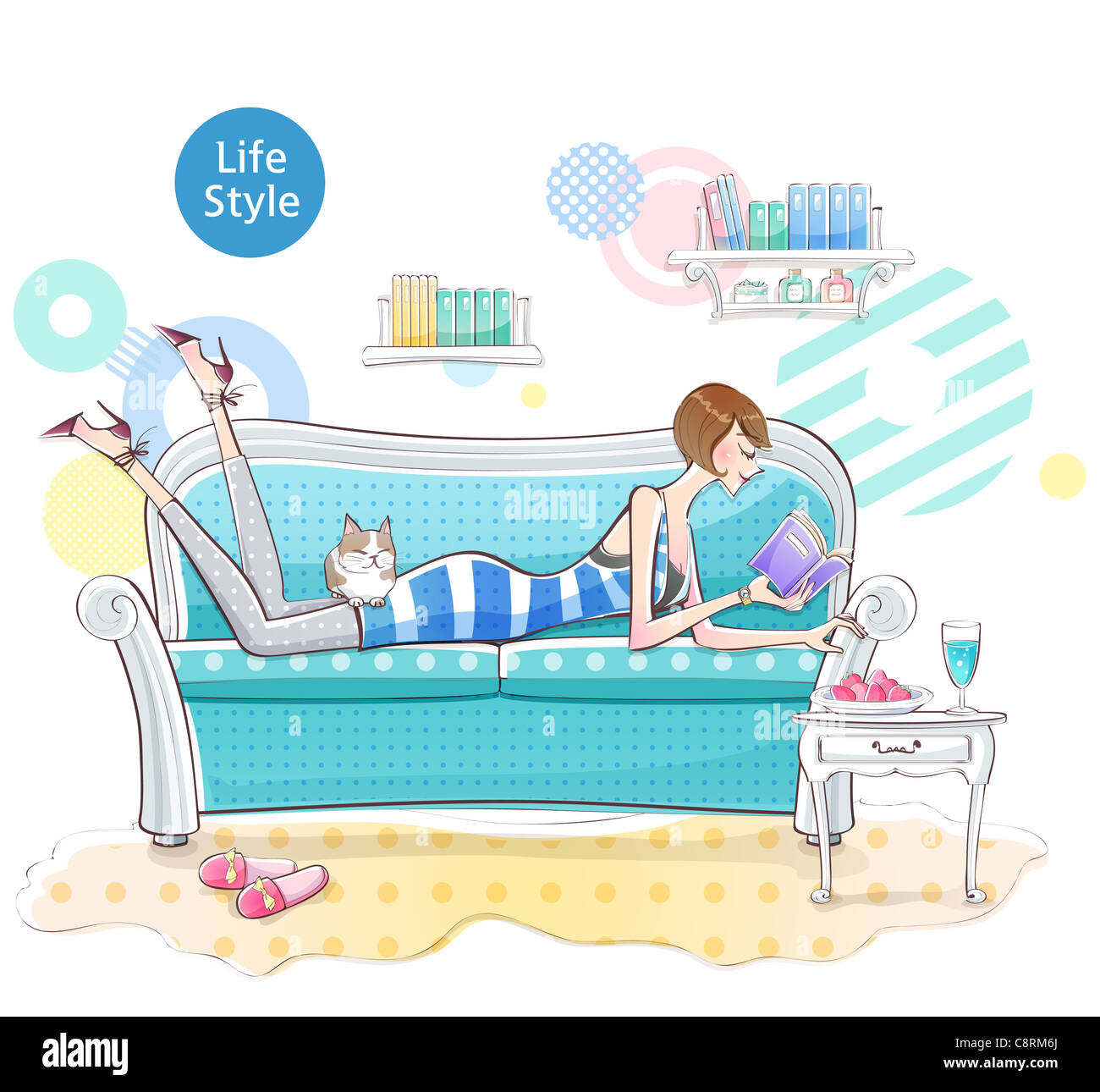 Illustration de woman lying on sofa and reading book Banque D'Images