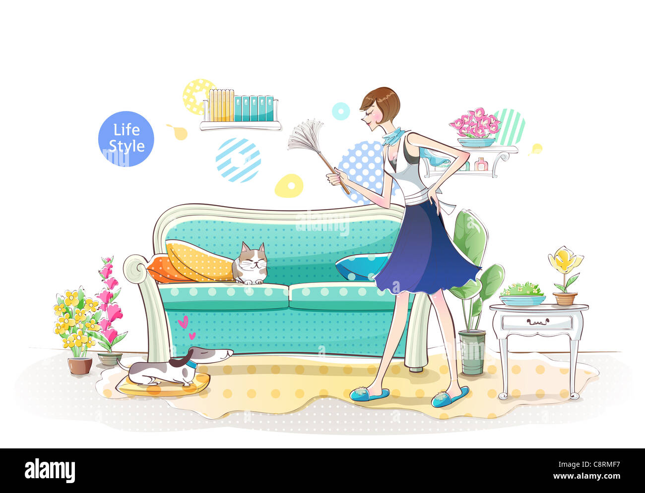 Illustration de fille avec un balai dans la main Banque D'Images