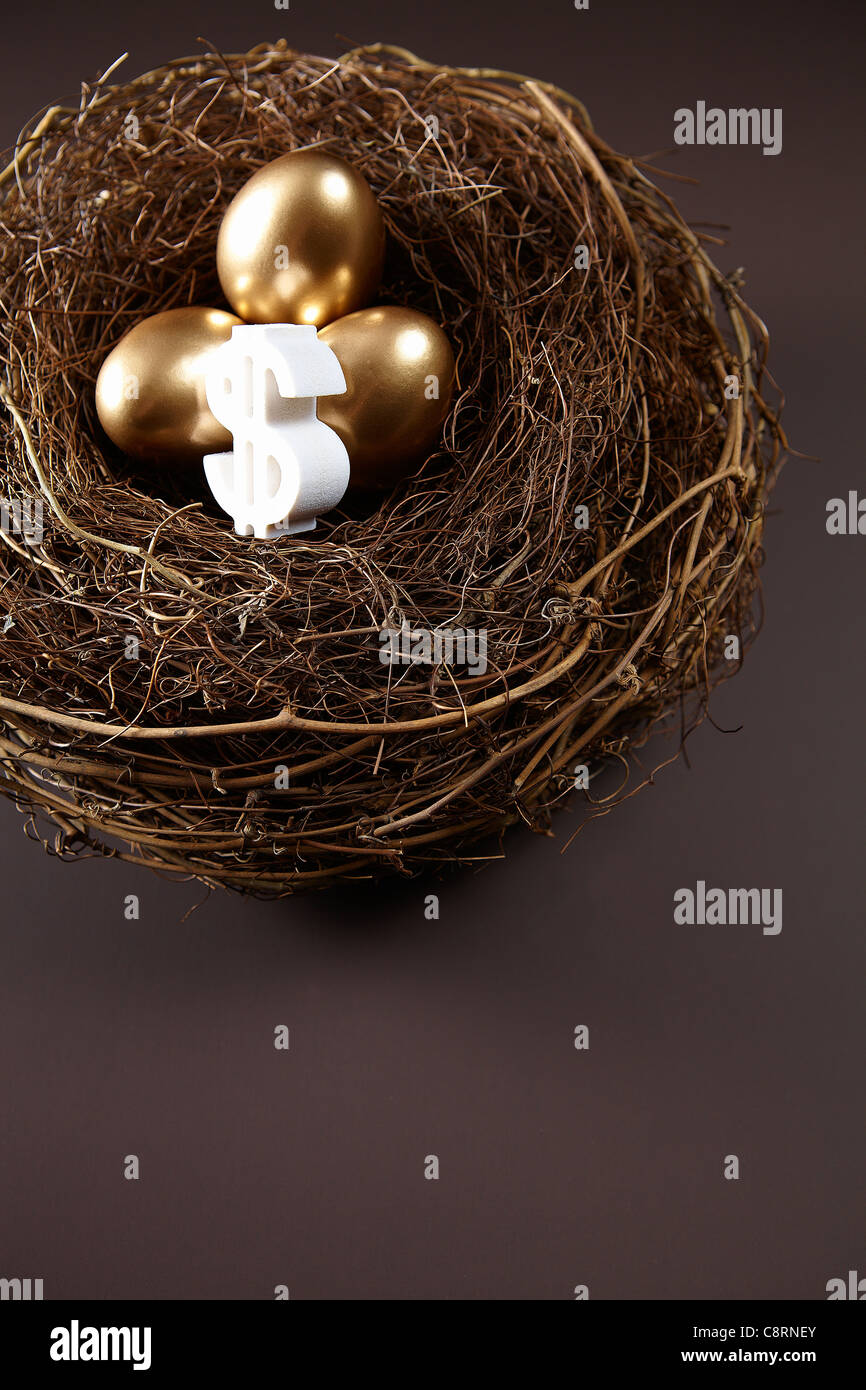 White signe dollar conservés dans un nid d'oeufs d'or. Banque D'Images