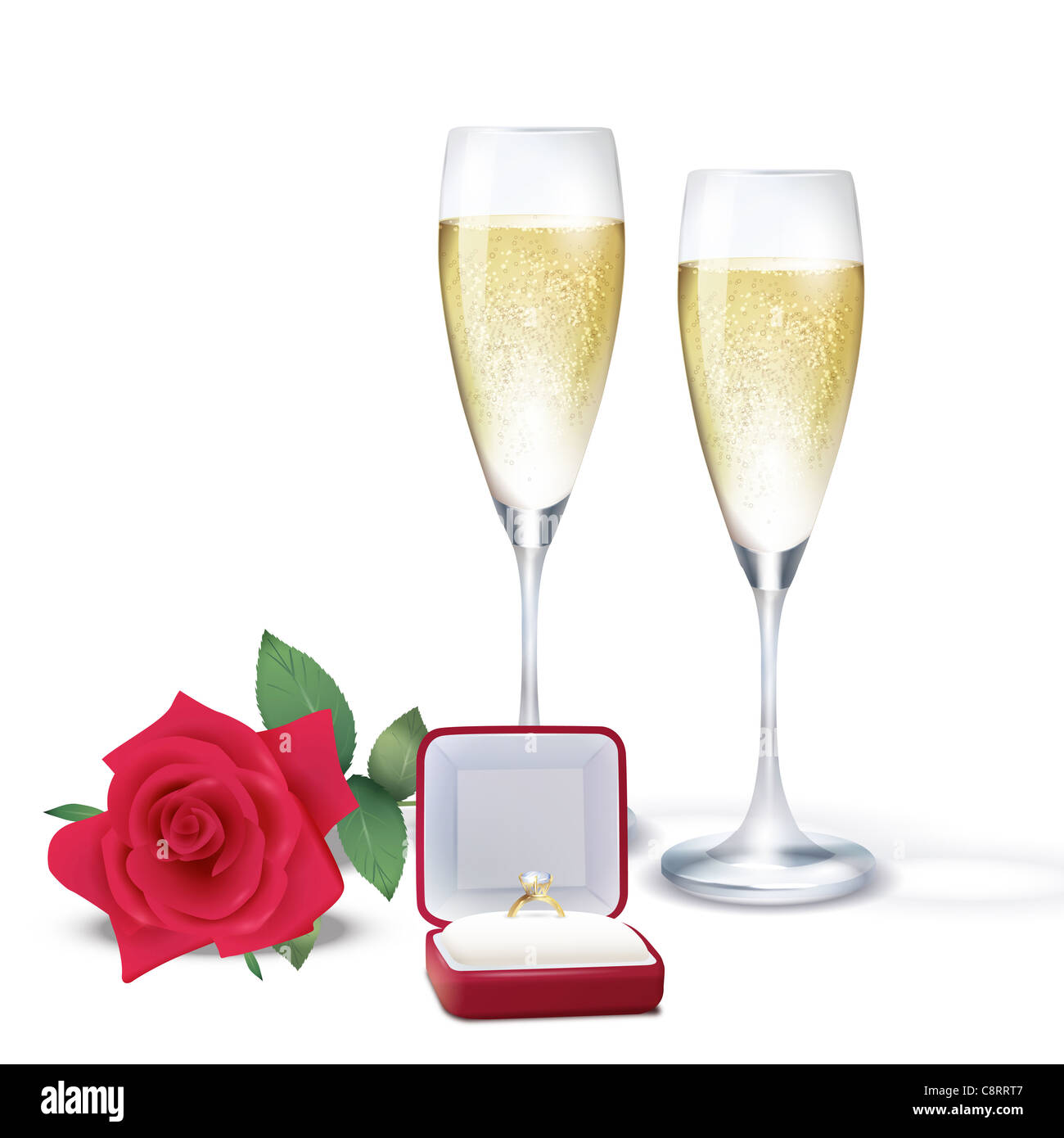 Flûte de champagne et bague en diamant à la Rose Banque D'Images