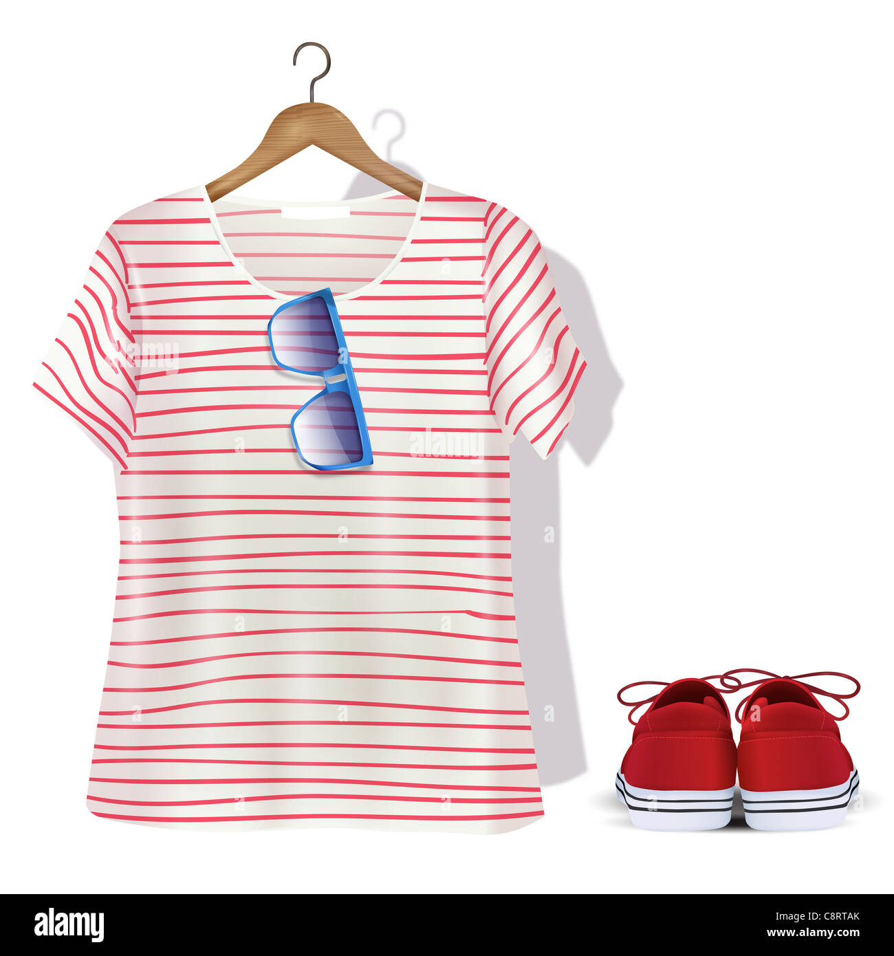 T-shirt avec des lunettes de soleil accroché sur cintre et chaussures en  tissu Photo Stock - Alamy