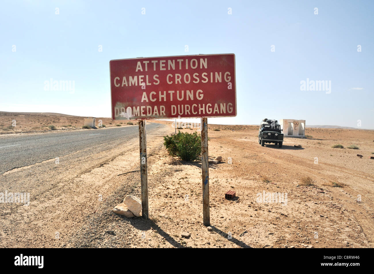 L'Afrique, la Tunisie, Entre Ksar Rhilane et Douz. Road sign warning de chameaux traversant la route. Banque D'Images