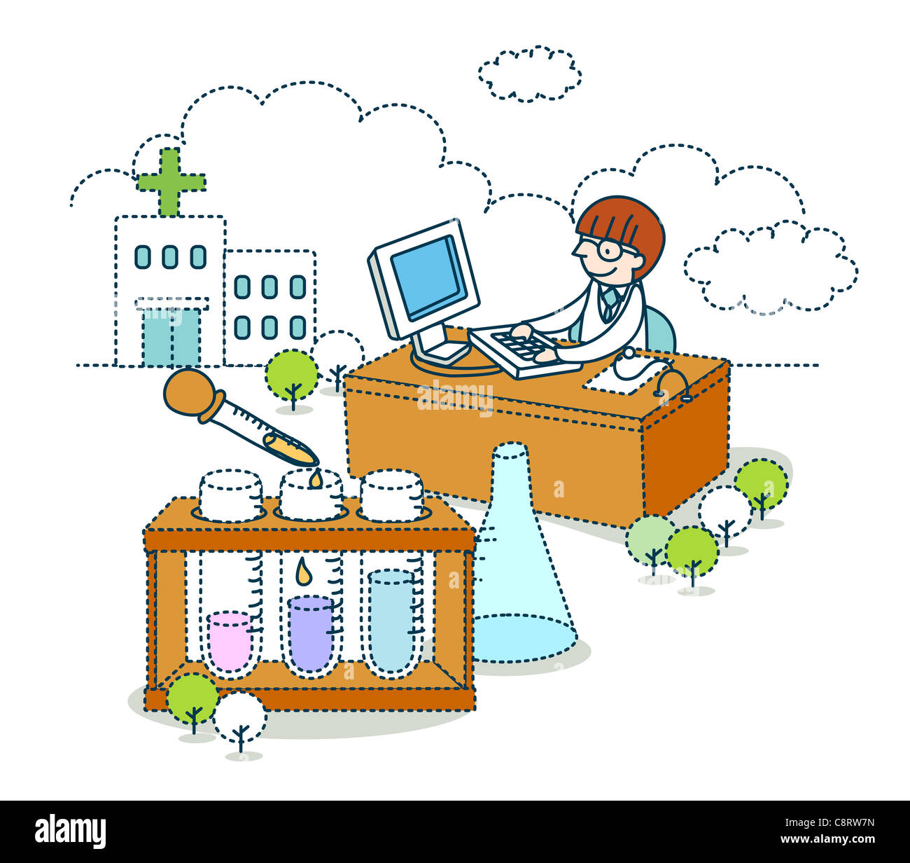 Illustration du médecin à l'aide d'ordinateur contre des tubes à essai Banque D'Images