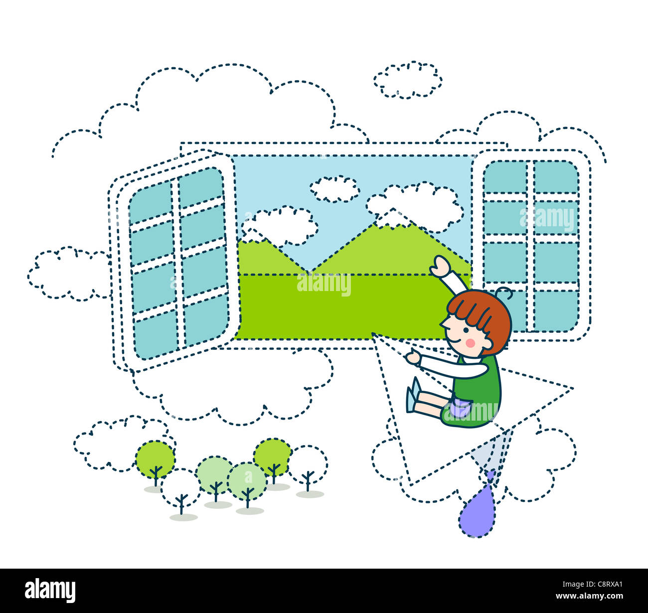 Illustration d'une jeune fille voler sur avion en papier fenêtre contre Banque D'Images