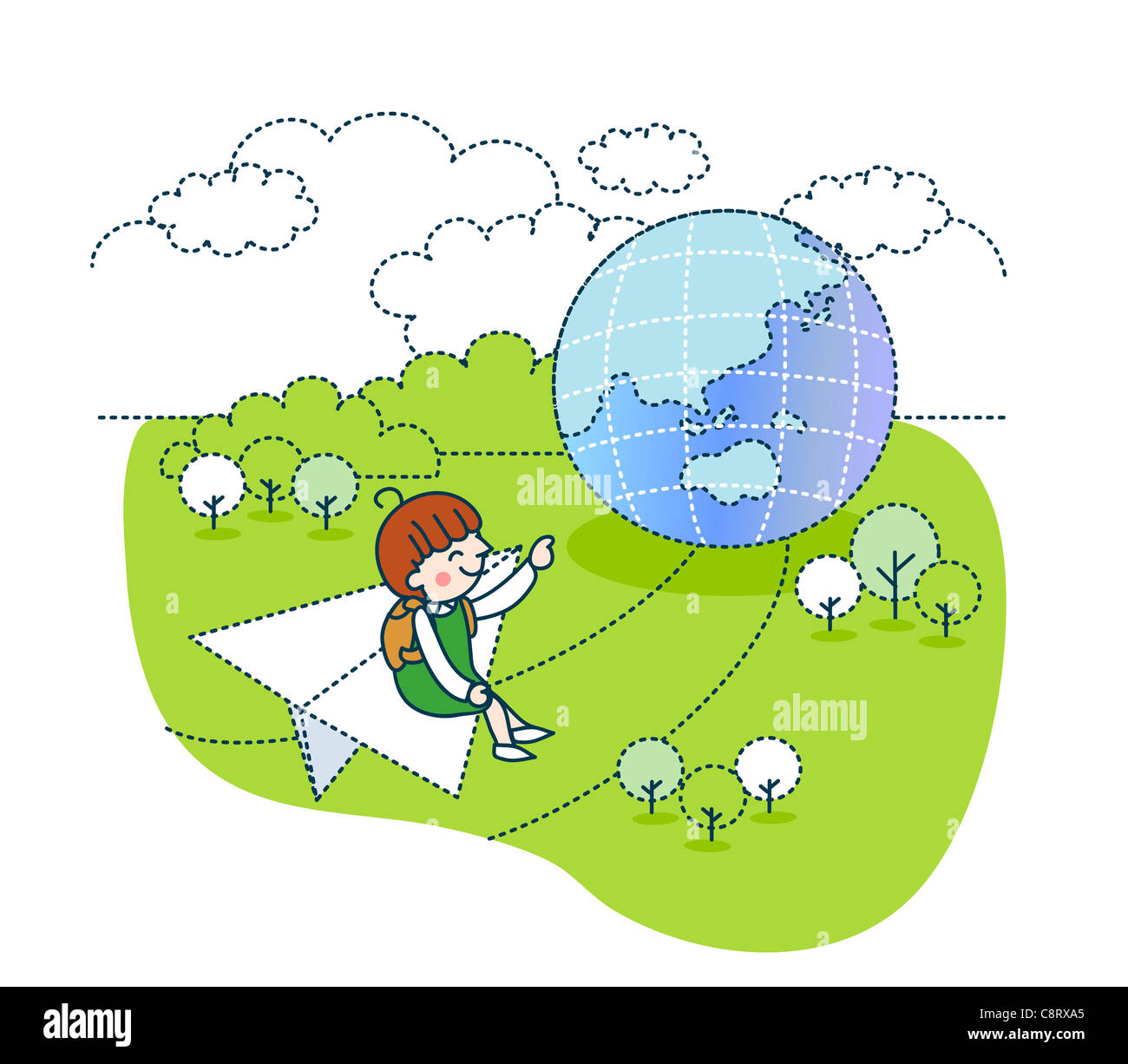 Illustration d'une jeune fille voler sur avion en papier près de terre globe Banque D'Images