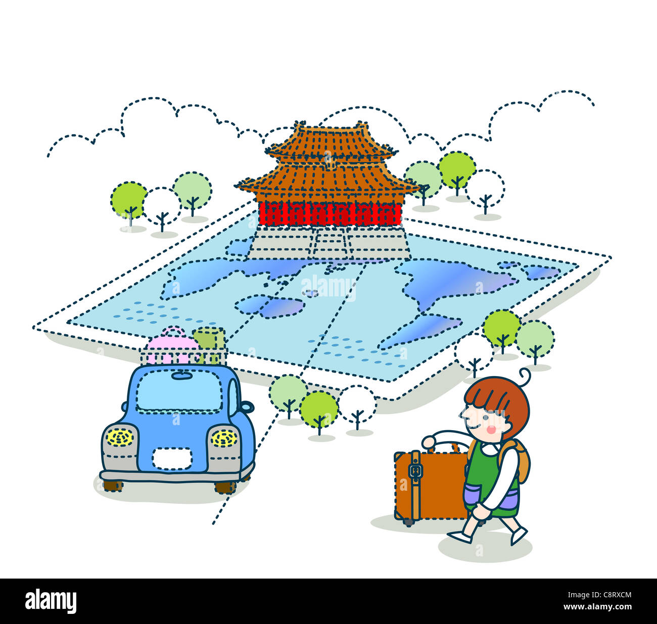 Illustration d'une fille qui va pour des vacances en voiture pour un lieu célèbre Banque D'Images