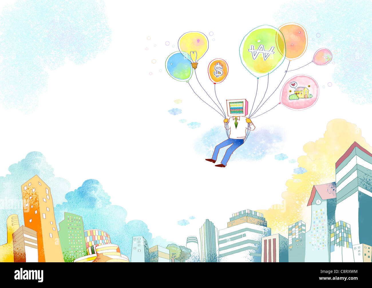 Illustration de l'homme voler avec des ballons Banque D'Images