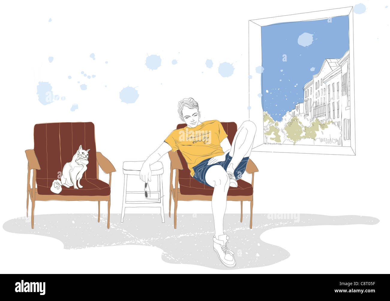 Illustration de garçon détente sur chaise avec cat Banque D'Images