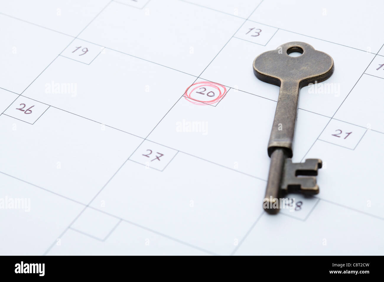 Close-up of key sur calendrier avec marquage sur 20 du mois Banque D'Images