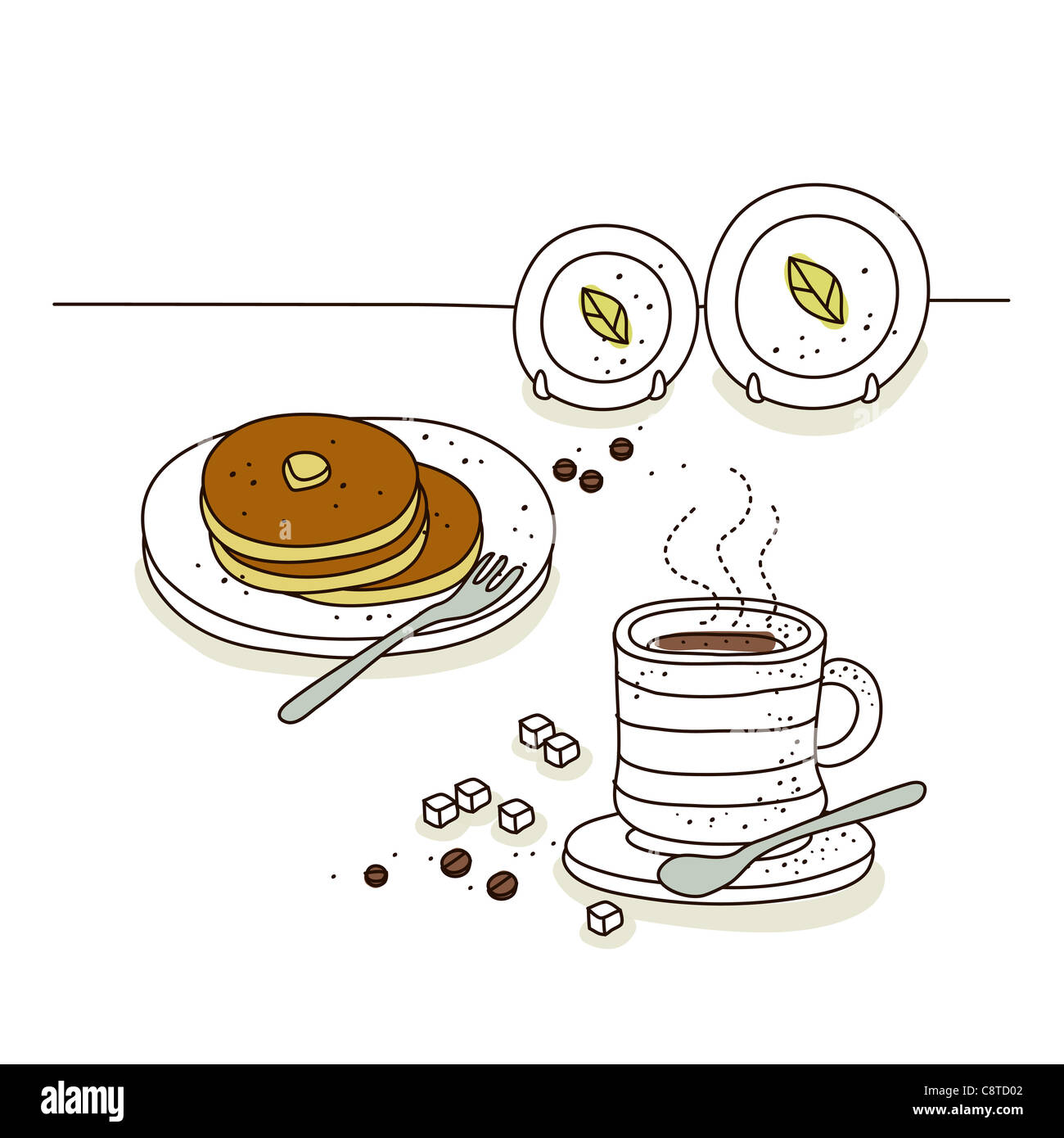 Illustration de tasse de café et des crêpes contre la plaque Banque D'Images