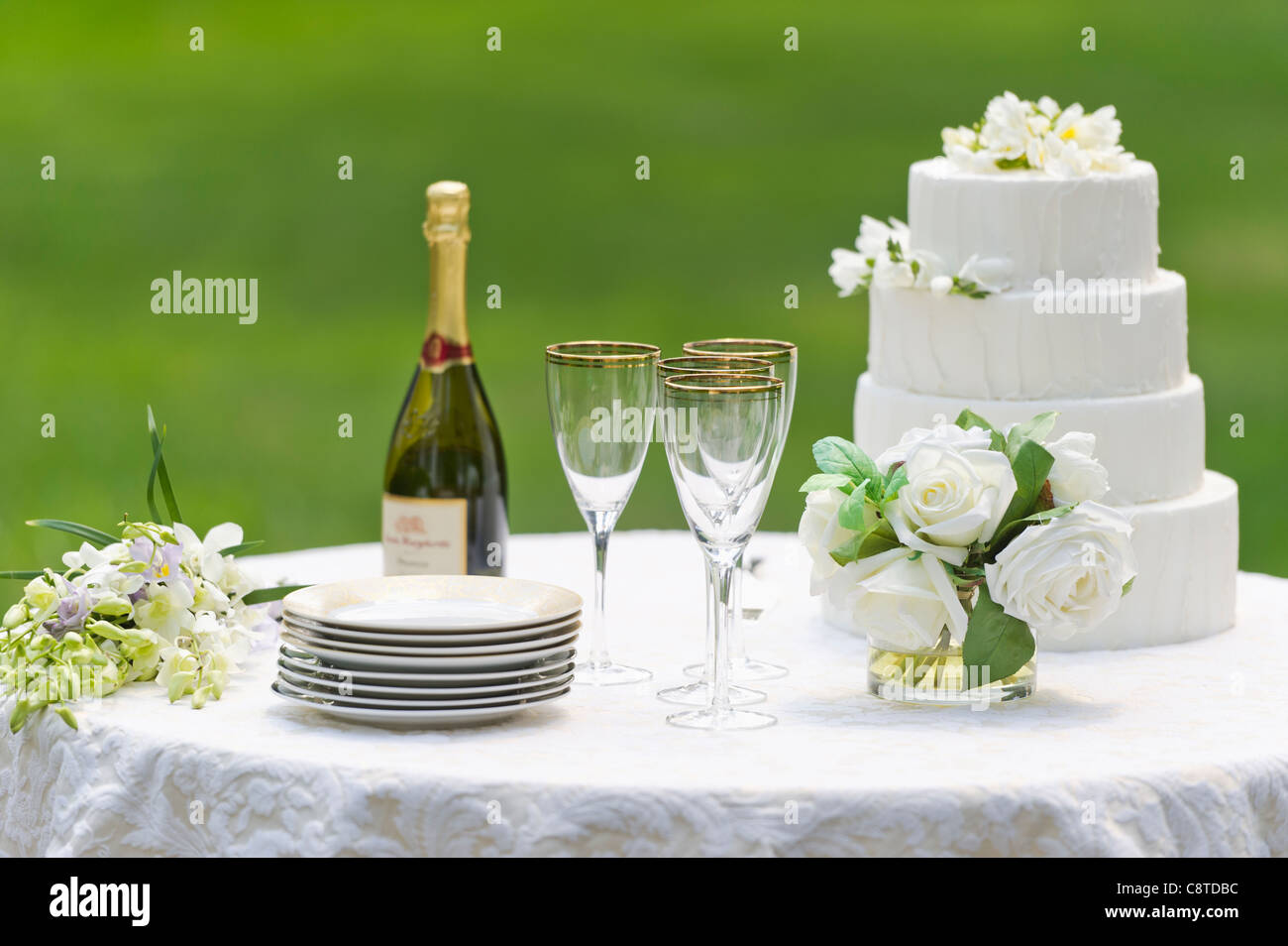 USA, New York State, Old Westbury, Table avec bouteille de champagne et gâteau de mariage Banque D'Images