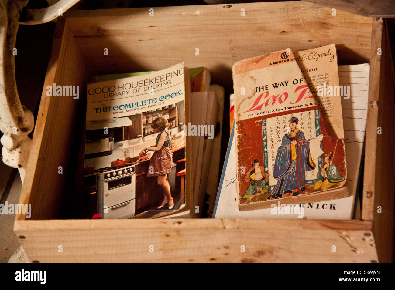 Vieux, usé de livres dans une caisse en bois d'un artiste's den à Paris Banque D'Images