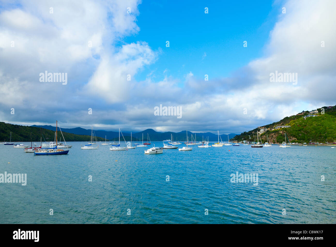 Bateaux amarrés dans le port de Picton en Nouvelle Zélande Banque D'Images