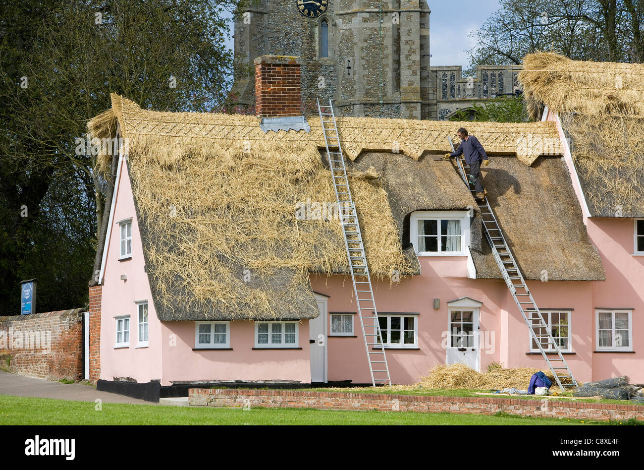 Thatcher travaillant sur toit chaumière à Cavendish, Suffolk UK Banque D'Images