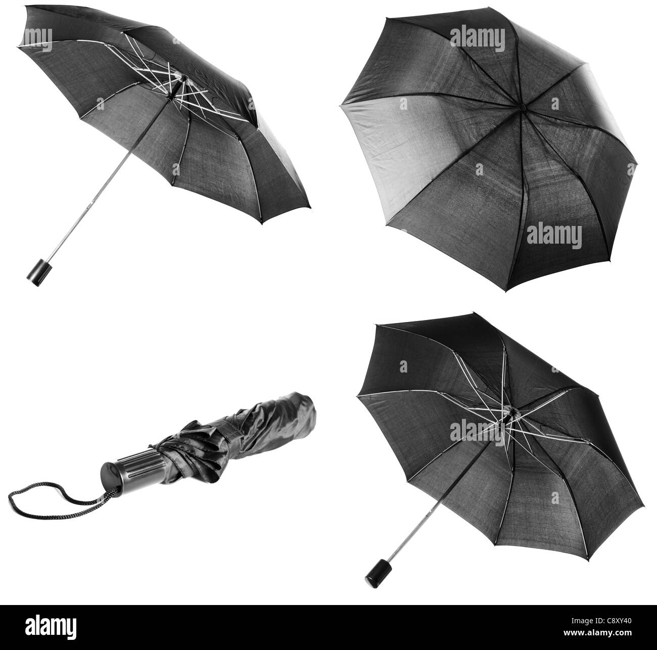 Ouvert et Fermé parapluie noir isolé sur fond blanc Banque D'Images