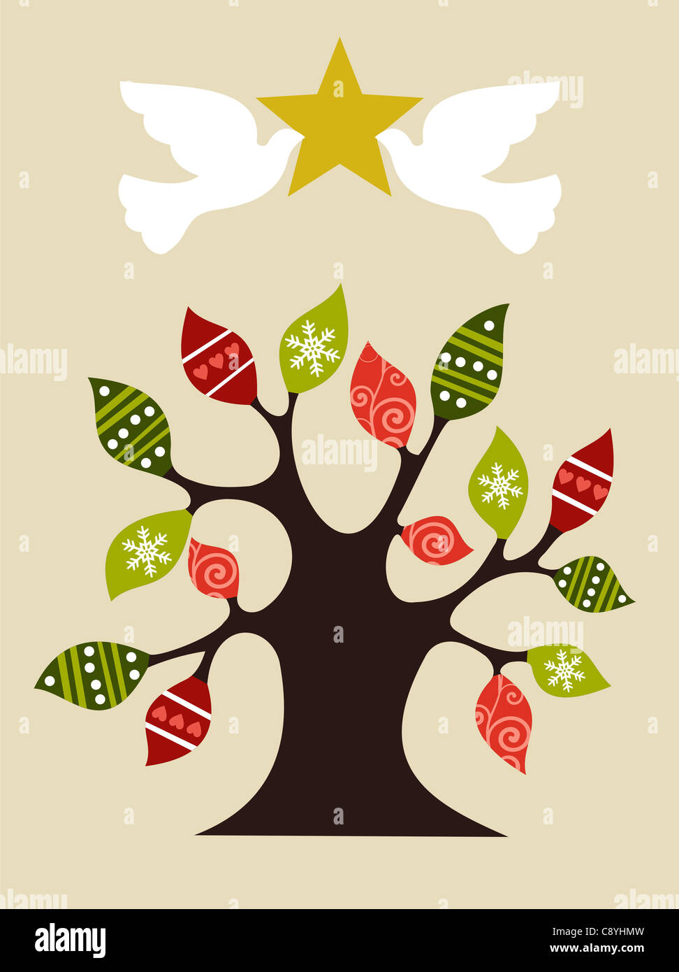 Arbre de Noël avec l'APCE colombes holding et brillante étoile d'or sur le dessus. Fichier vecteur disponible. Banque D'Images