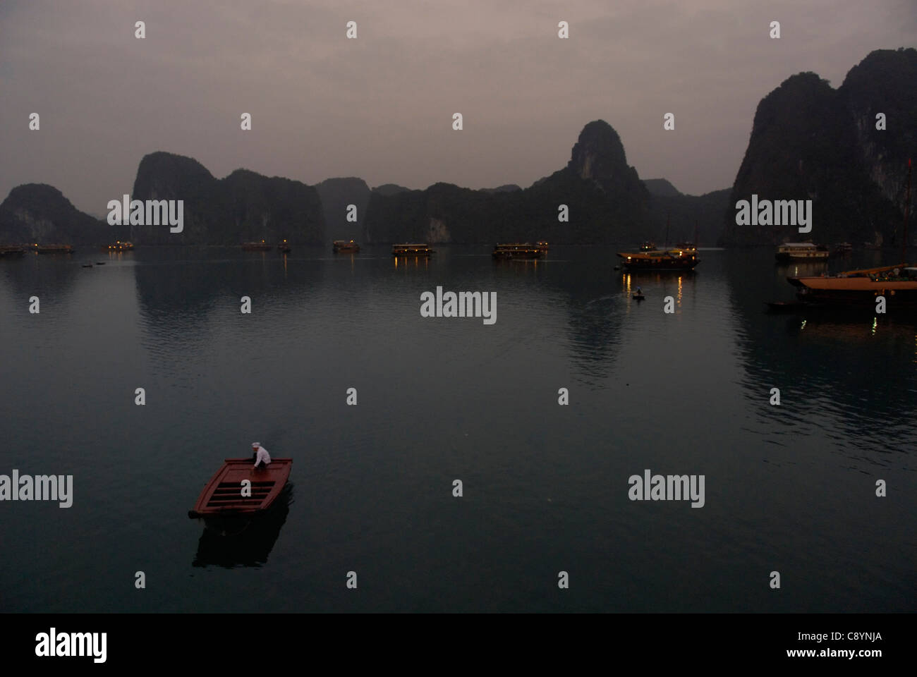 L'Asie, le Vietnam, la baie d'Halong. Voyage en bateau sur la baie d'Halong. Les jonques touristiques à ancrage leur arrêt de nuit. Nommé par l'UNESCO ... Banque D'Images